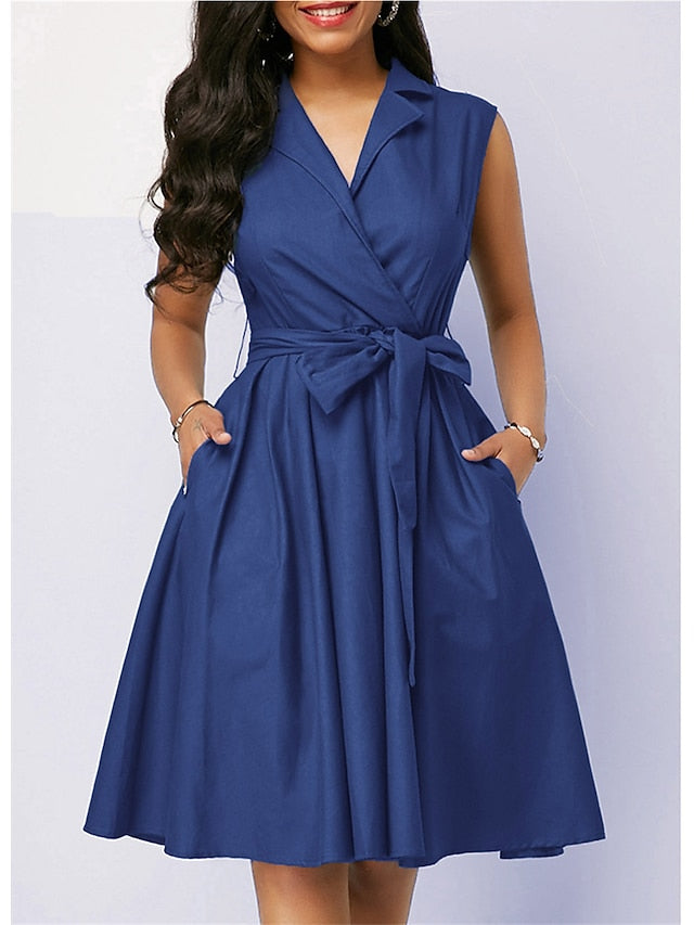 Women's Work Dress Blazer Dress Sheath Dress Mini Dress Blue Brown Dark Blue Sleeveless Pure Color Pleated Summer Spring Shirt Collar Fashion Office Fall Dress Spring Dress 2023 S M L XL 2XL 3XL 4XL - LuckyFash™