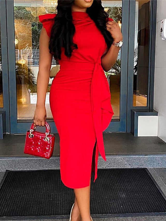 Women's Work Dress Sheath Dress Midi Dress Red Sleeveless Pure Color Ruffle Spring Summer Crew Neck Elegant Dress Party Vacation Slim 2023 S M L XL XXL 3XL - LuckyFash™