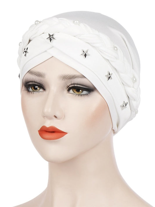 9 Colors Muslim Women Cross Braid Turban Hat with White Pearl Star Decorate Inner Hijabs Stretch Beanie Cap Hair Accessories Hair Care Cap Head Wrap - LuckyFash™