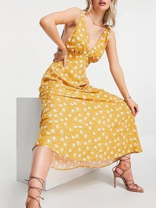 Yellow Print Plunging Collar Elastic Strap Maxi Dress - LuckyFash™