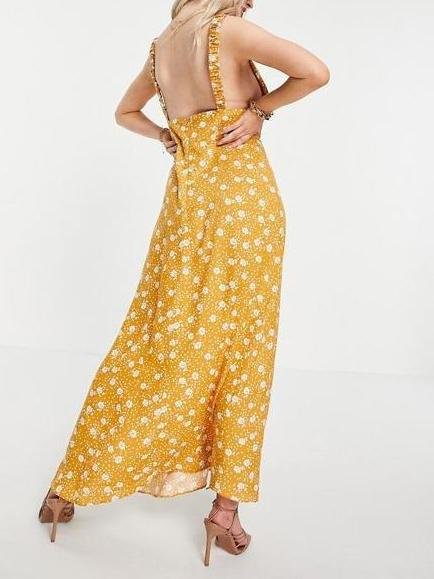 Yellow Print Plunging Collar Elastic Strap Maxi Dress - LuckyFash™