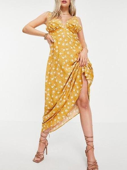 Yellow Print Plunging Collar Elastic Strap Maxi Dress - LuckyFash™