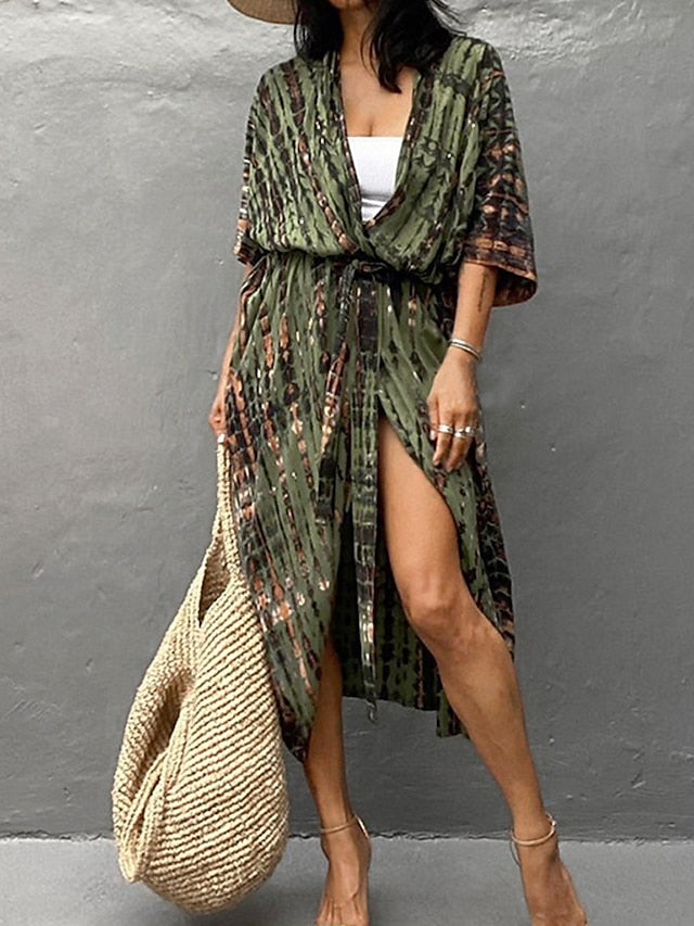 Women's Beach Dress Beach Wear Long Dress Maxi Dress Lace up Basic Casual Tie Dye Open Front 3/4 Length Sleeve Loose Fit Outdoor Daily Black White 2023 Summer Spring One Size - LuckyFash™