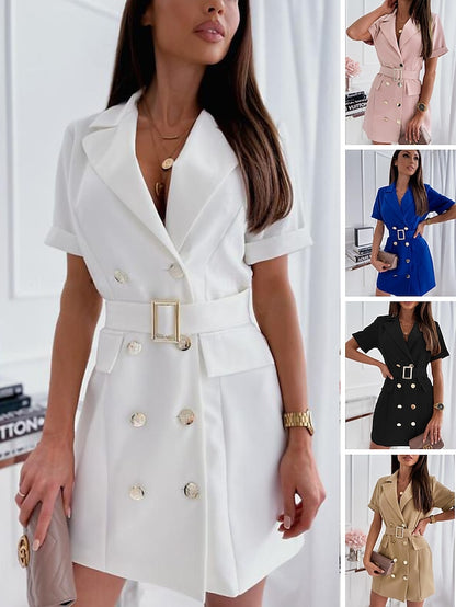 Women's Work Dress Blazer Dress Sheath Dress Mini Dress Black White Pink Short Sleeve Pure Color Lace up Summer Spring Shirt Collar Fashion Loose Fit 2023 S M L XL XXL - LuckyFash™