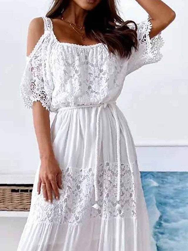 Women's Long Dress Maxi Dress White Dress Eyelet Sundress A Line Dress Plain Casual Classic Daily Holiday Vacation Lace Patchwork Half Sleeve Cold Shoulder Loose Fit White Summer Spring S M L XL XXL - LuckyFash™