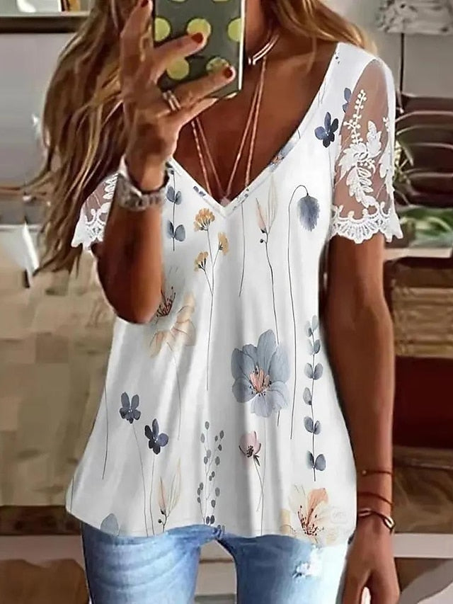 Women's T shirt Tee Light Blue Black White Floral Lace Print Short Sleeve Holiday Weekend Basic V Neck Regular Floral Painting S - LuckyFash™