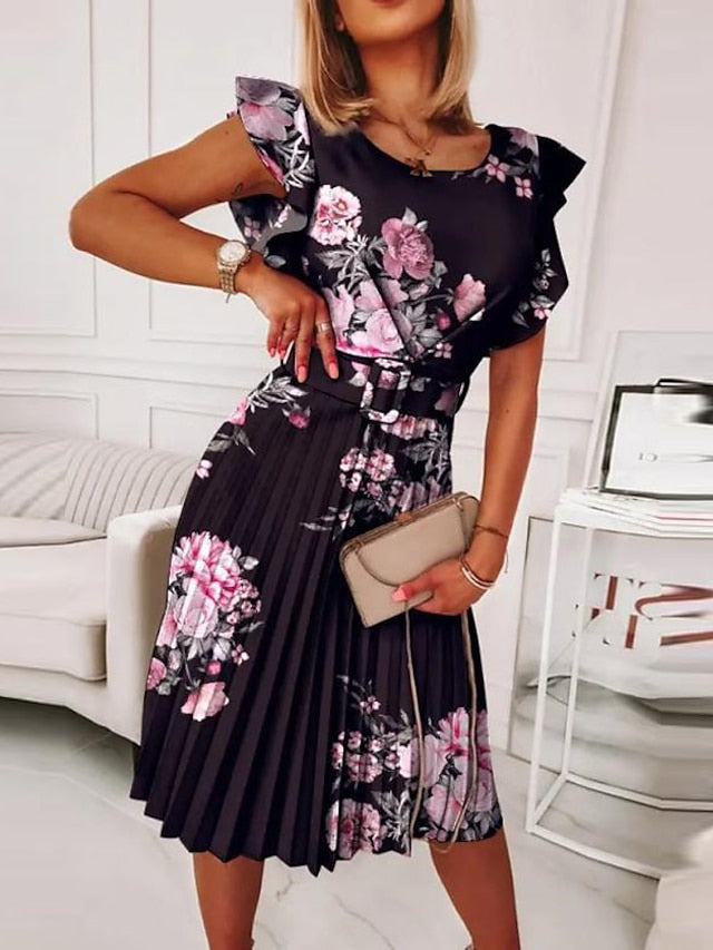 Women's Work Dress Floral Dress Midi Dress Black Pink Blue Short Sleeve Floral Ruched Spring Summer Crew Neck Elegant 2023 S M L XL XXL - LuckyFash™