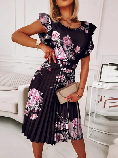 Women's Work Dress Floral Dress Midi Dress Black Pink Blue Short Sleeve Floral Ruched Spring Summer Crew Neck Elegant 2023 S M L XL XXL - LuckyFash™