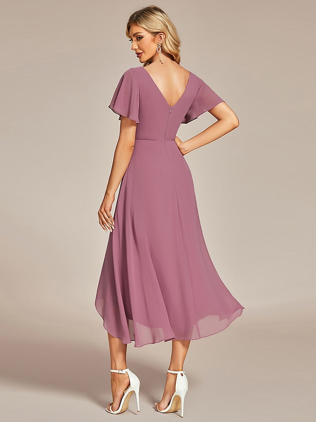Women's Wedding Guest Dress Party Dress Homecoming Dress Midi Dress Pink Short Sleeve Pure Color Layered Summer Spring Fall V Neck Party Birthday Wedding Guest Vacation 2023 S M L XL 2XL 3XL - LuckyFash™