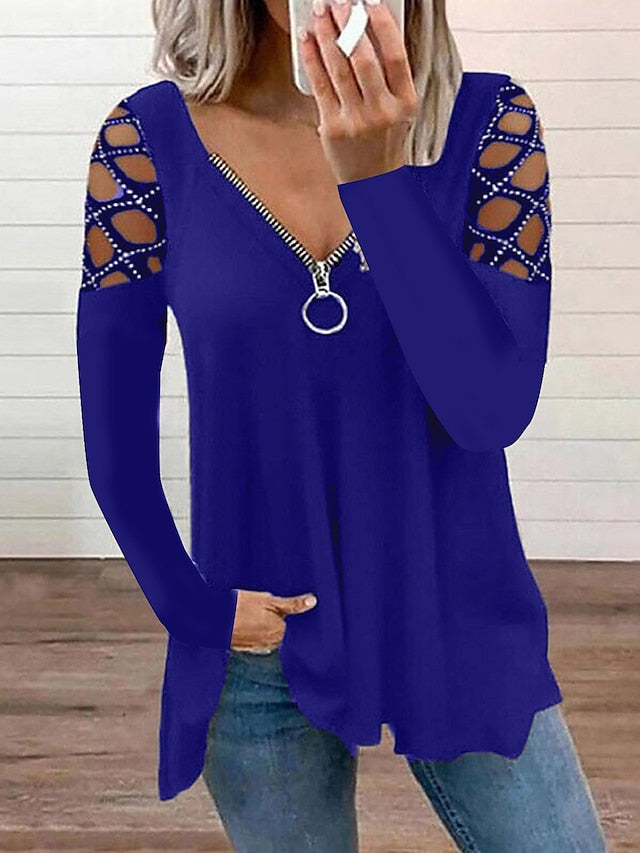 Women's Blouse Black Pink Wine Plain Cut Out Flowing tunic Long Sleeve Casual Weekend Basic V Neck Regular S - LuckyFash™