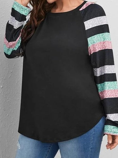 Women's Blouse Black Color Block Print Long Sleeve Daily Vacation Casual Crew Neck Plus Size L - LuckyFash™