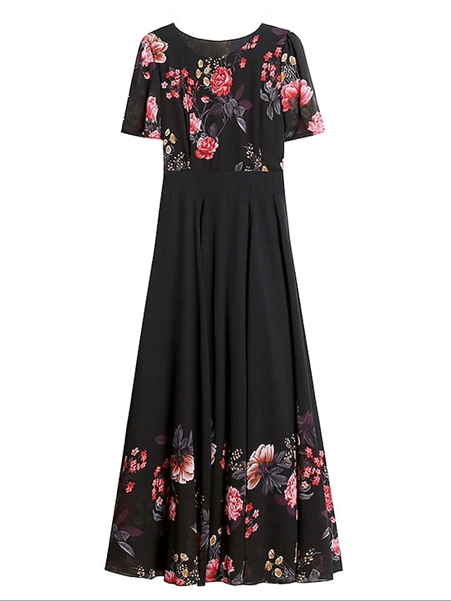 Women's A Line Dress Maxi long Dress Black Short Sleeve Floral Ruched Print Spring Summer Crew Neck Elegant Vacation 2023 3XL - LuckyFash™