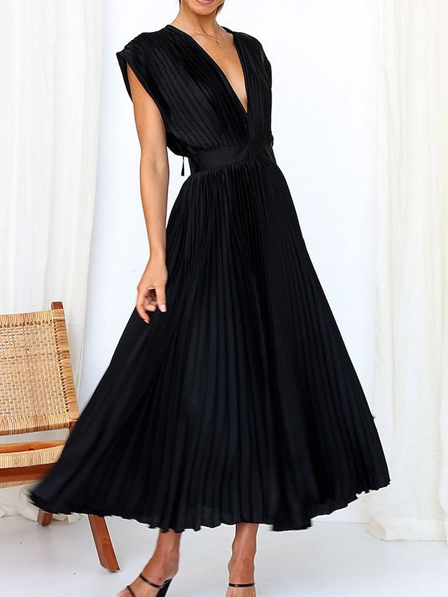 Women's Wedding Guest Dress Swing Dress Formal Dress Long Dress Maxi Dress Black Pink Red Sleeveless Pure Color Pleated Summer Spring Fall V Neck Party Evening Party Wedding Guest Vacation Loose Fit - LuckyFash™