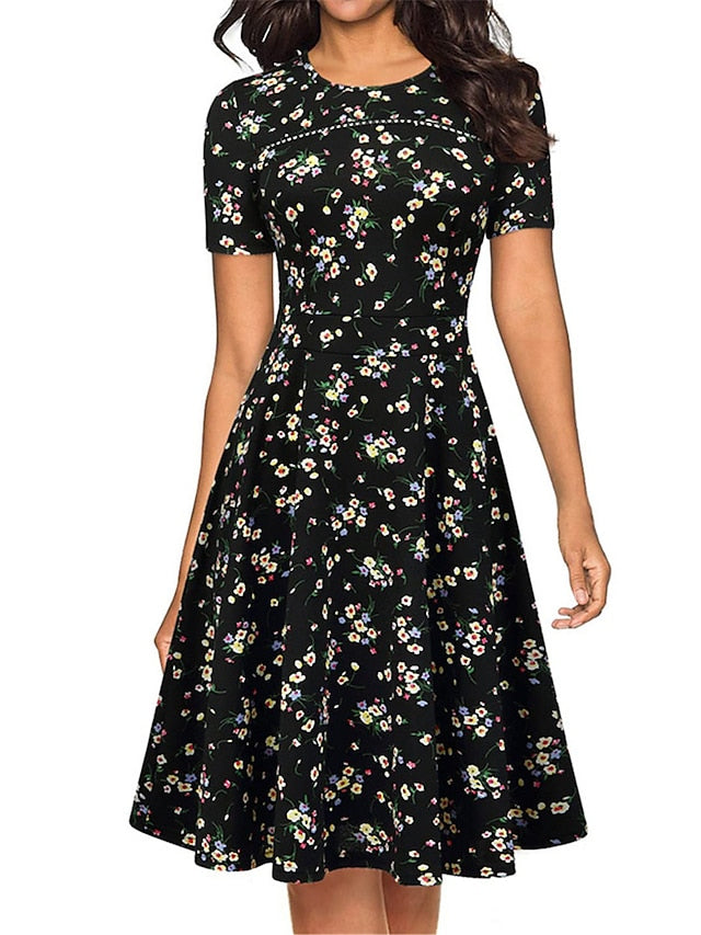 Women's Work Dress Semi Formal Dress Fashion Midi Dress Print Crew Neck Short Sleeve Floral Slim Black White Red Spring Summer S M L XL - LuckyFash™