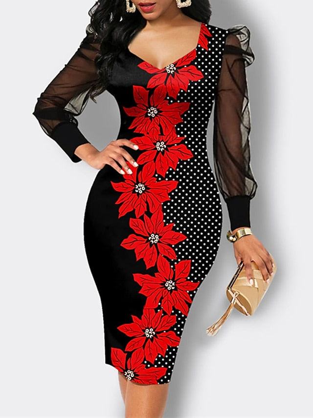 Women's Work Dress Bodycon Sheath Dress Midi Dress Black Red Blue Long Sleeve Floral Mesh Summer Spring Crew Neck Fashion Office Mesh S M L XL XXL 3XL - LuckyFash™