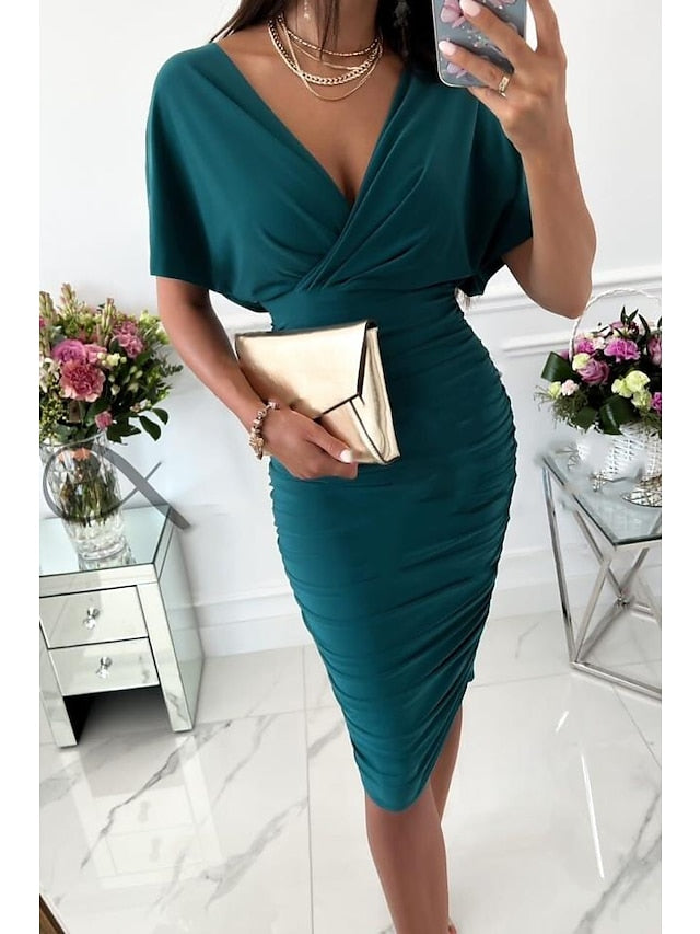 Women's Bodycon Midi Dress Red Green Beige Short Sleeve Pure Color Patchwork Spring Summer V Neck Stylish 2023 S M L XL XXL - LuckyFash™