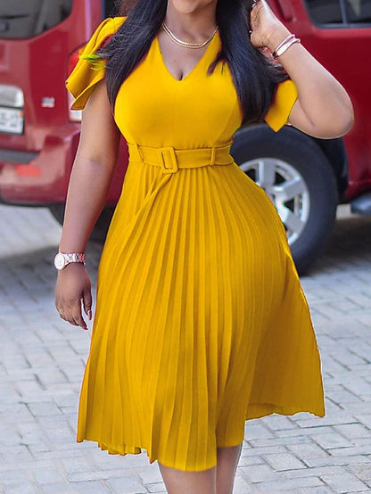 Women's Work Dress Midi Dress Yellow Red Blue Short Sleeve Pure Color Lace up Summer Spring V Neck Casual 2023 S M L XL XXL 3XL - LuckyFash™