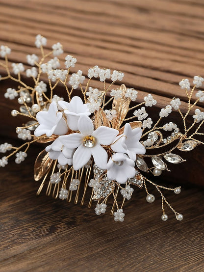 1 Pc Flower Crystal Brides Wedding Hair Comb Elegant Silver Hair Accessories with white Ceramic Flower Pearl Bridal Side Combs Headpiece for Women - LuckyFash™