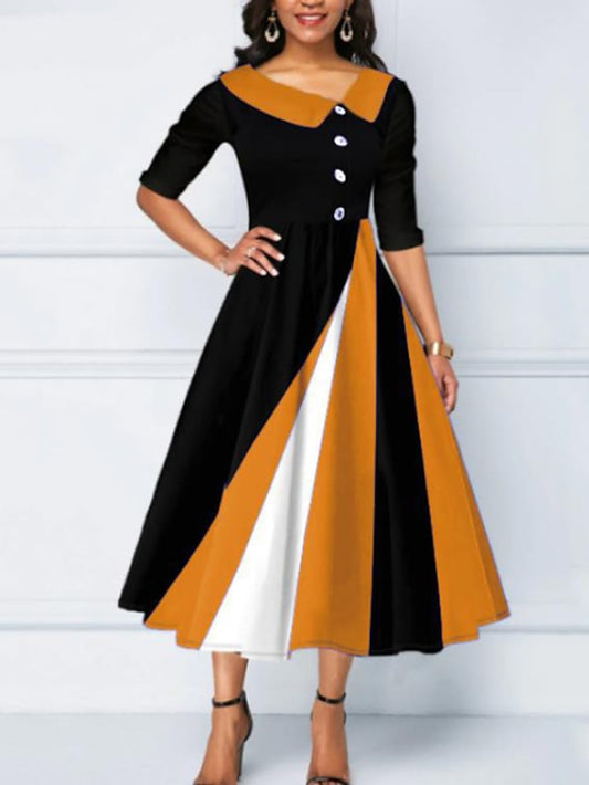 Women's Work Dress Swing Dress Formal Dress Midi Dress Yellow Red Blue Long Sleeve Color Block Button Winter Fall Autumn V Neck Fashion Date 2023 S M L XL XXL 3XL 4XL 5XL - LuckyFash™