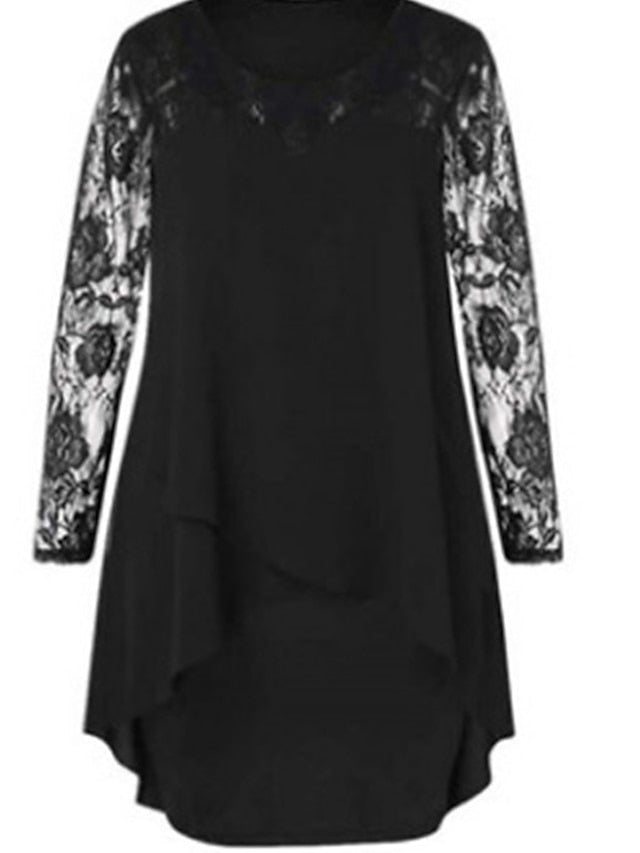 Women's Black Blue Wine Long Sleeve Pure Color Lace Fall Crew Neck Winter Dress Fall Dress XL XXL 3XL 4XL 5XL - LuckyFash™