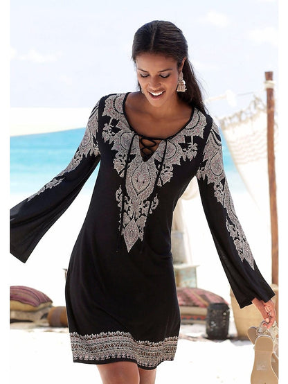 Women's A Line Dress Knee Length Dress Black Long Sleeve Print Lace up Summer Spring V Neck Elegant Winter Dress Fall Dress Slim 2023 M L XL XXL - LuckyFash™