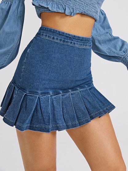 Zip Back Pleated Ruffle Hem Denim Skirt - LuckyFash™