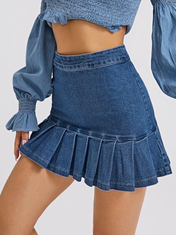 Zip Back Pleated Ruffle Hem Denim Skirt - LuckyFash™