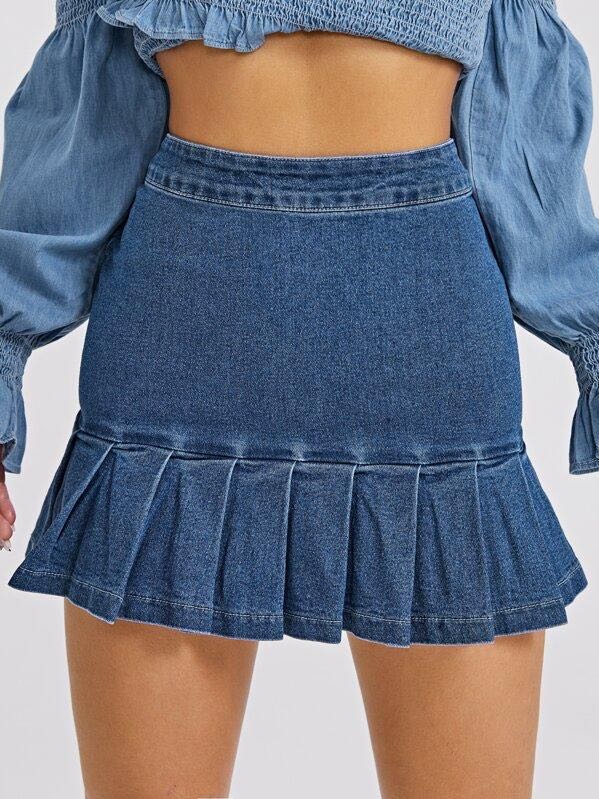 Zip Back Pleated Ruffle Hem Denim Skirt - LuckyFash™