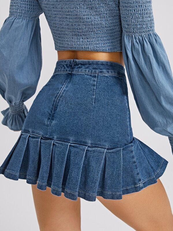 Zip Back Pleated Ruffle Hem Denim Skirt - LuckyFash™