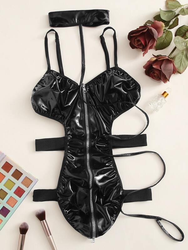 Zip Front Faux Leather Choker Teddy Bodysuit - LuckyFash™