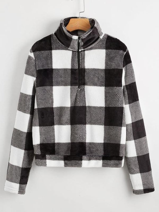 Zip Half Placket Buffalo Plaid Pullover - LuckyFash™