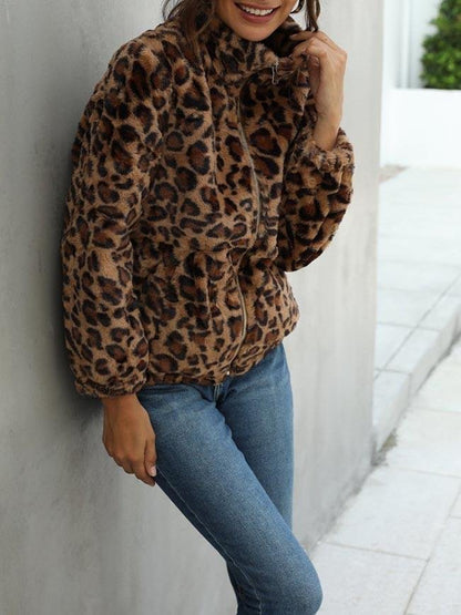 Zip Up Batwing Sleeve Leopard Oversized Coat - LuckyFash™