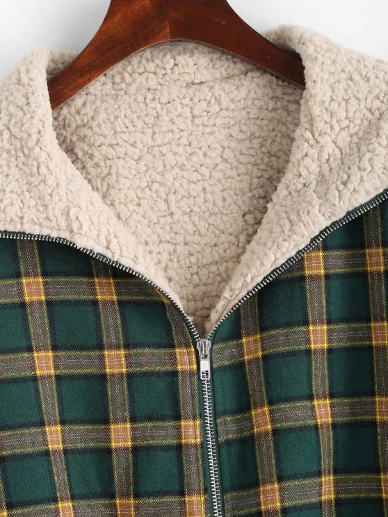 Zip Up Fleece Lined Plaid Houndstooth Jacket - LuckyFash™