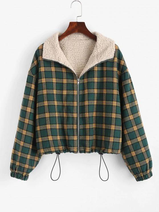 Zip Up Fleece Lined Plaid Houndstooth Jacket - LuckyFash™