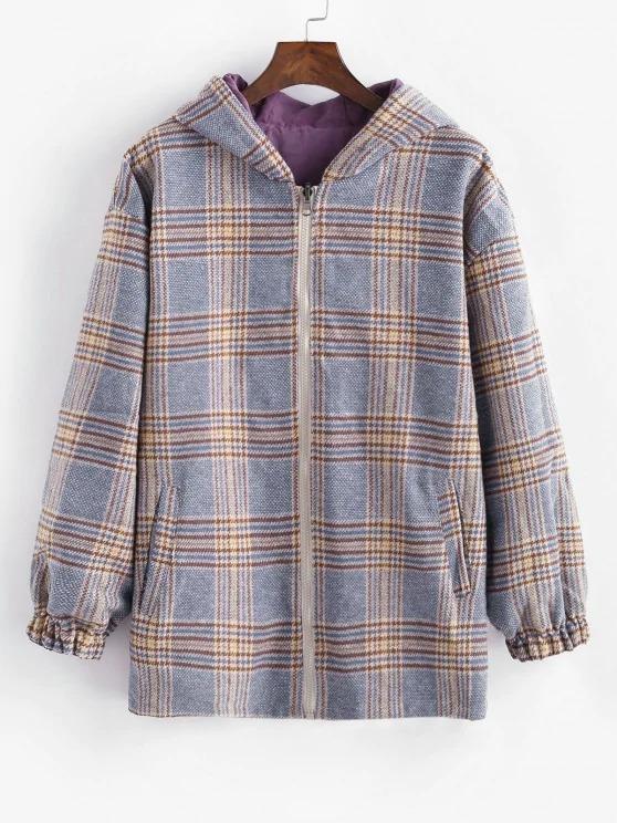 Zip Up Hooded Plaid Reversible Coat - LuckyFash™