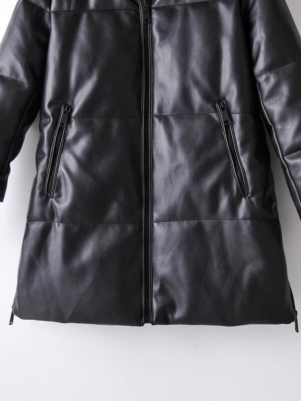 Zip Up Hooded PU Leather Padded Coat - LuckyFash™