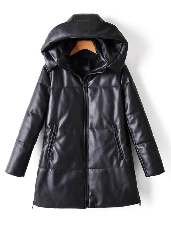 Zip Up Hooded PU Leather Padded Coat - LuckyFash™