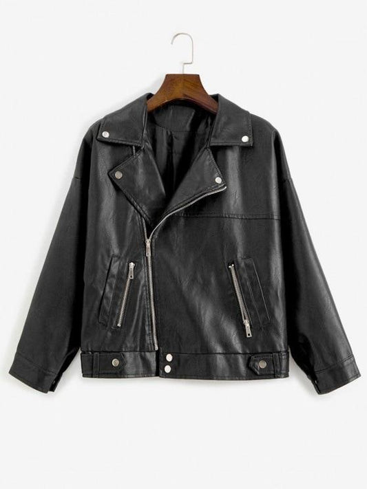 Zip Up Pockets Faux Leather Biker Jacket - LuckyFash™