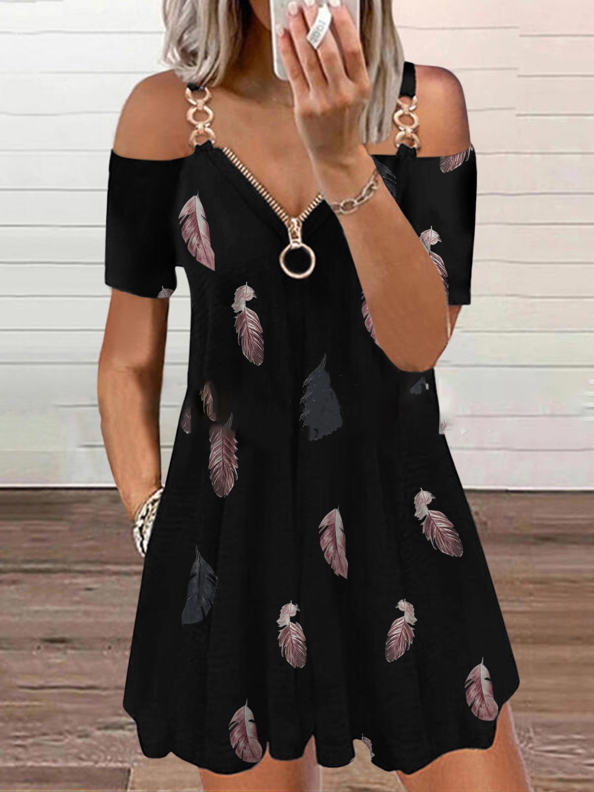 Zip V-Neck Feather Print Off-Shoulder Casual Dress - LuckyFash™