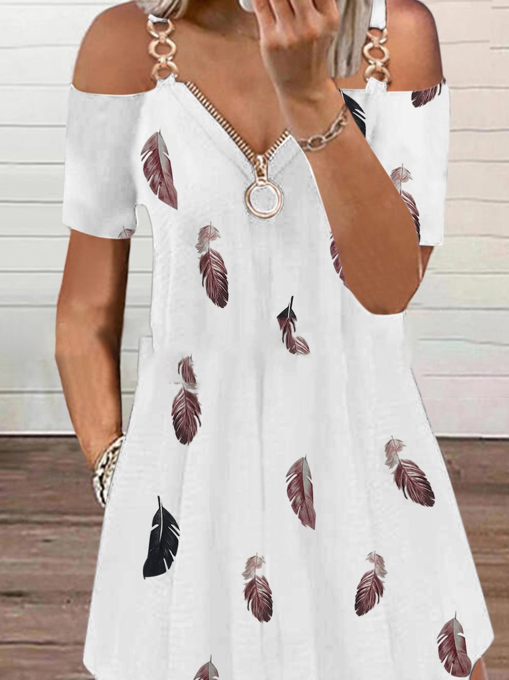 Zip V-Neck Feather Print Off-Shoulder Casual Dress - LuckyFash™