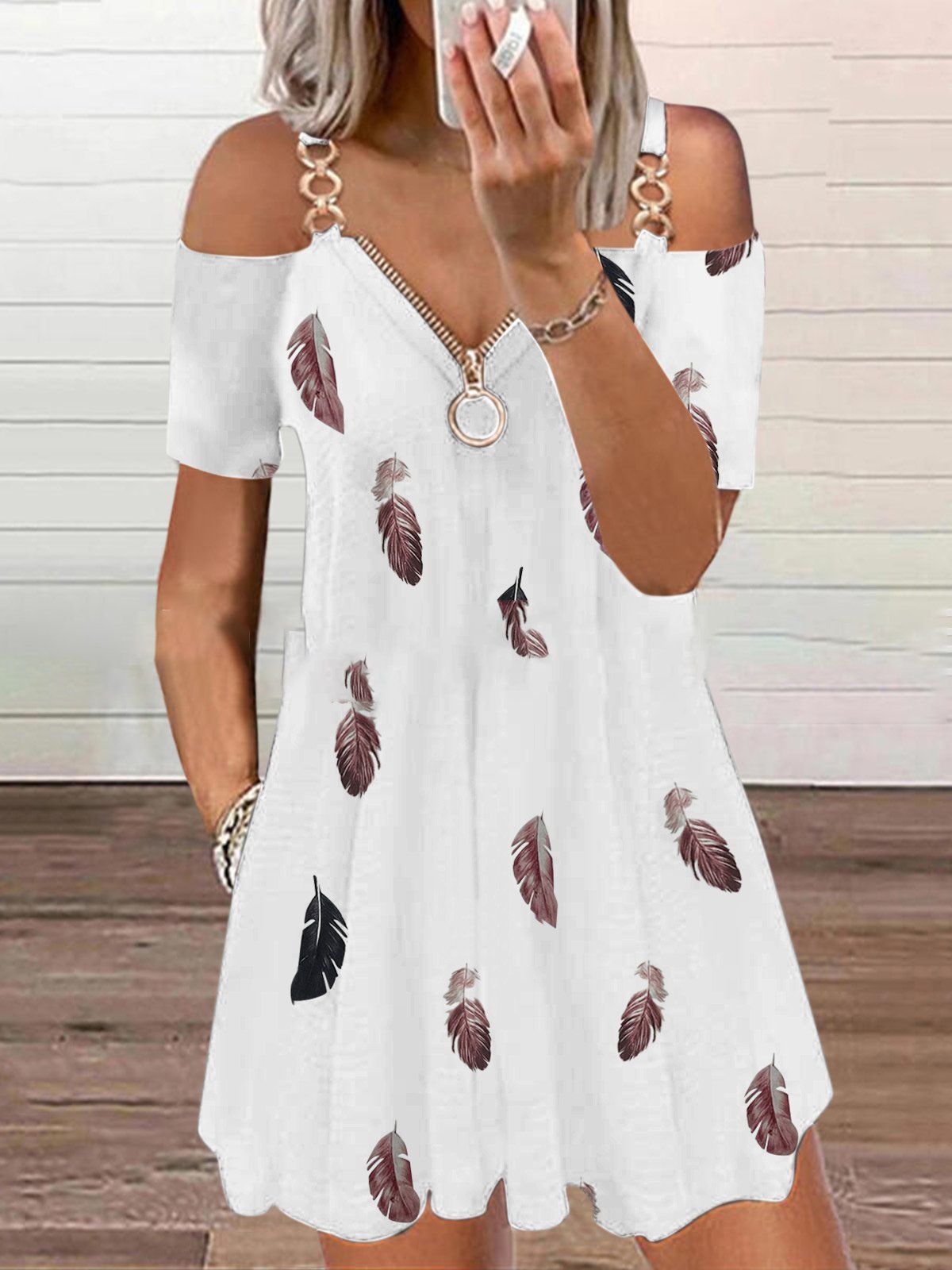 Zip V-Neck Feather Print Off-Shoulder Casual Dress - LuckyFash™