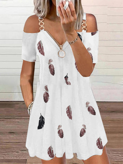 Zip V-Neck Feather Print Off-Shoulder Casual Dress - LuckyFash™