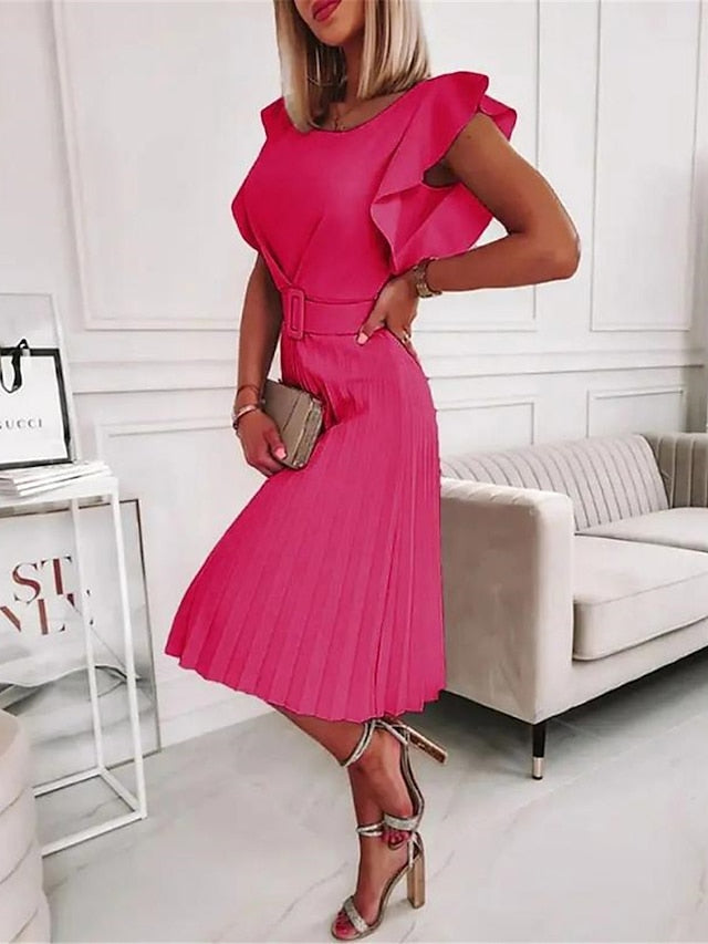 Women's Work Dress Semi Formal Dress Fashion Midi Dress Ruffle Crew Neck Short Sleeve Plain Regular Fit Pink Fuchsia Orange Spring Summer S M L XL XXL - LuckyFash™