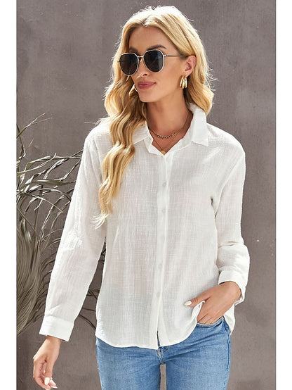 Women's Shirt Blouse Black White Pink Plain Button Long Sleeve Daily Weekend Streetwear Casual Shirt Collar Regular S - LuckyFash™
