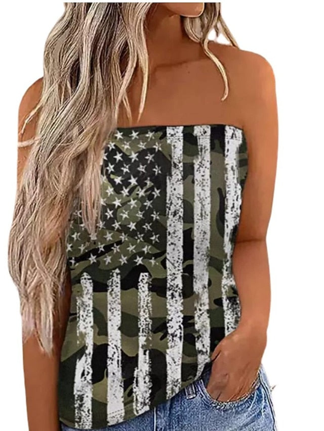 Women's Bandeau Black Red Blue American Flag Stars and Stripes Backless Print Sleeveless Party Weekend Streetwear Casual Strapless Regular Independence Day S - LuckyFash™