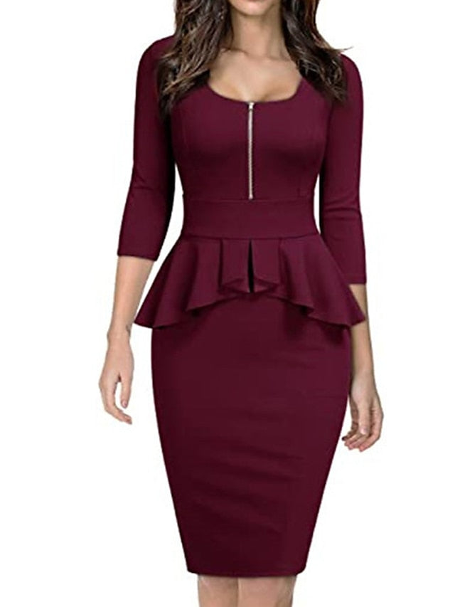 Women's Work Dress Sheath Dress Semi Formal Dress Elegant Midi Dress Ruffle Zipper Square Neck 3/4 Length Sleeve Plain Regular Fit Black Wine Navy Blue Spring Summer S M L XL XXL - LuckyFash™