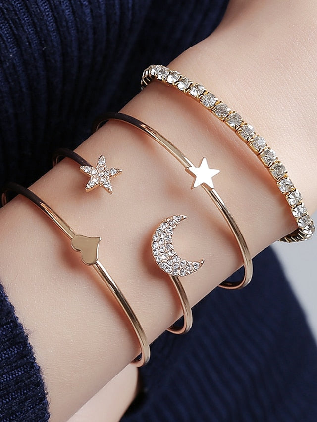 4pcs/set Layered Moon Star Luxury Rhinestone Bracelet Jewelry Gold For Daily Festival - LuckyFash™