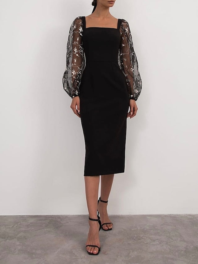 Women's Semi Formal Party Dress Sheath Dress Midi Dress Black White Long Sleeve Floral Mesh Fall Spring Square Neck Winter Dress Wedding Guest Mesh S M L XL - LuckyFash™