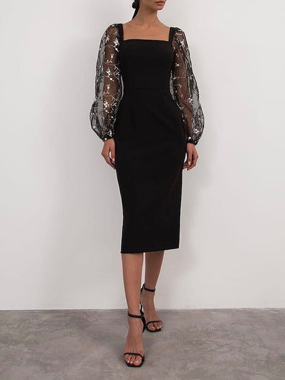 Women's Semi Formal Party Dress Sheath Dress Midi Dress Black White Long Sleeve Floral Mesh Fall Spring Square Neck Winter Dress Wedding Guest Mesh S M L XL - LuckyFash™