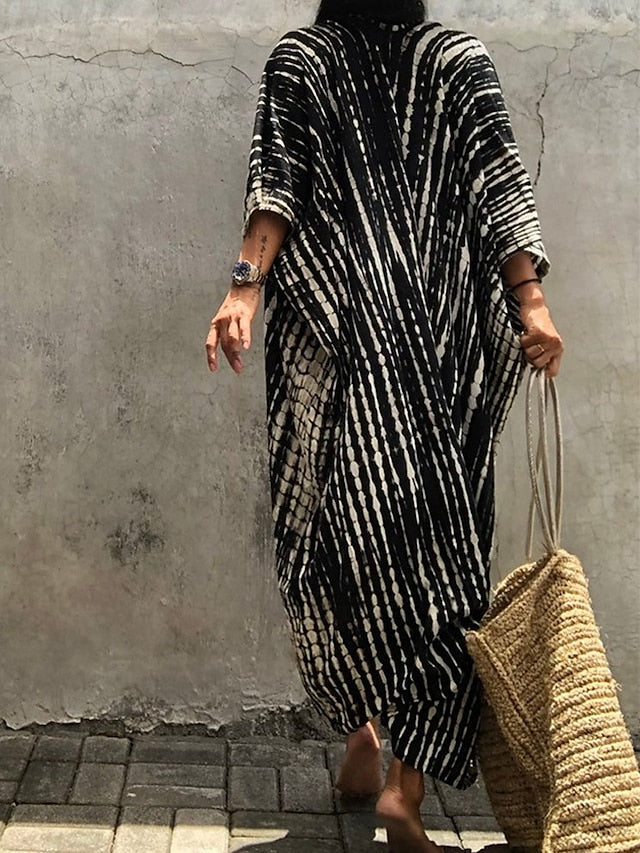 Women's Beach Dress Beach Wear Long Dress Maxi Dress Lace up Basic Casual Tie Dye Open Front 3/4 Length Sleeve Loose Fit Outdoor Daily Black White 2023 Summer Spring One Size - LuckyFash™